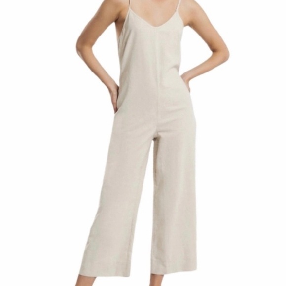 Shinestar Oat Linen Blend Romper Sleeveless Cropped Sz L Zippered Spring Summer - Picture 1 of 10